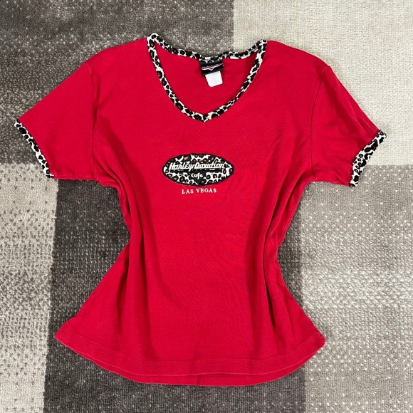 Harley-Davidson Tops - Y2K Harley Davidson Cafe Las Vegas Red Leopard Trim V Neck T Shirt Womens Size M